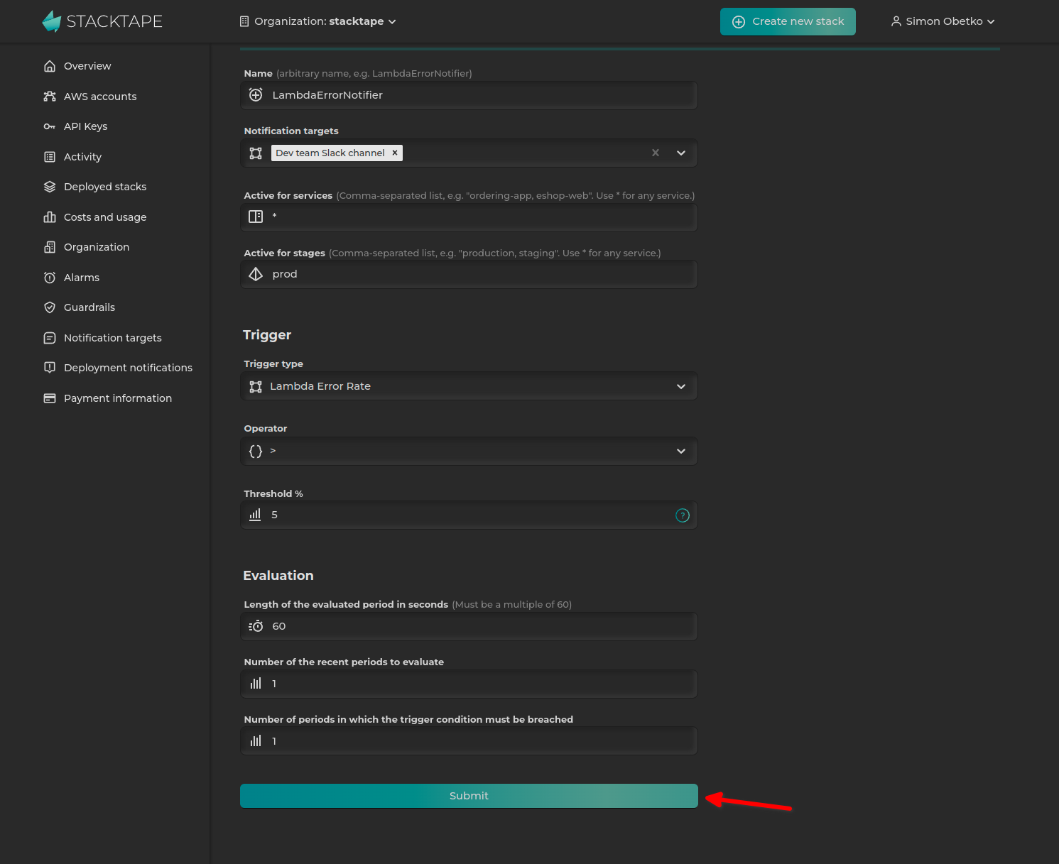 Creating alarm