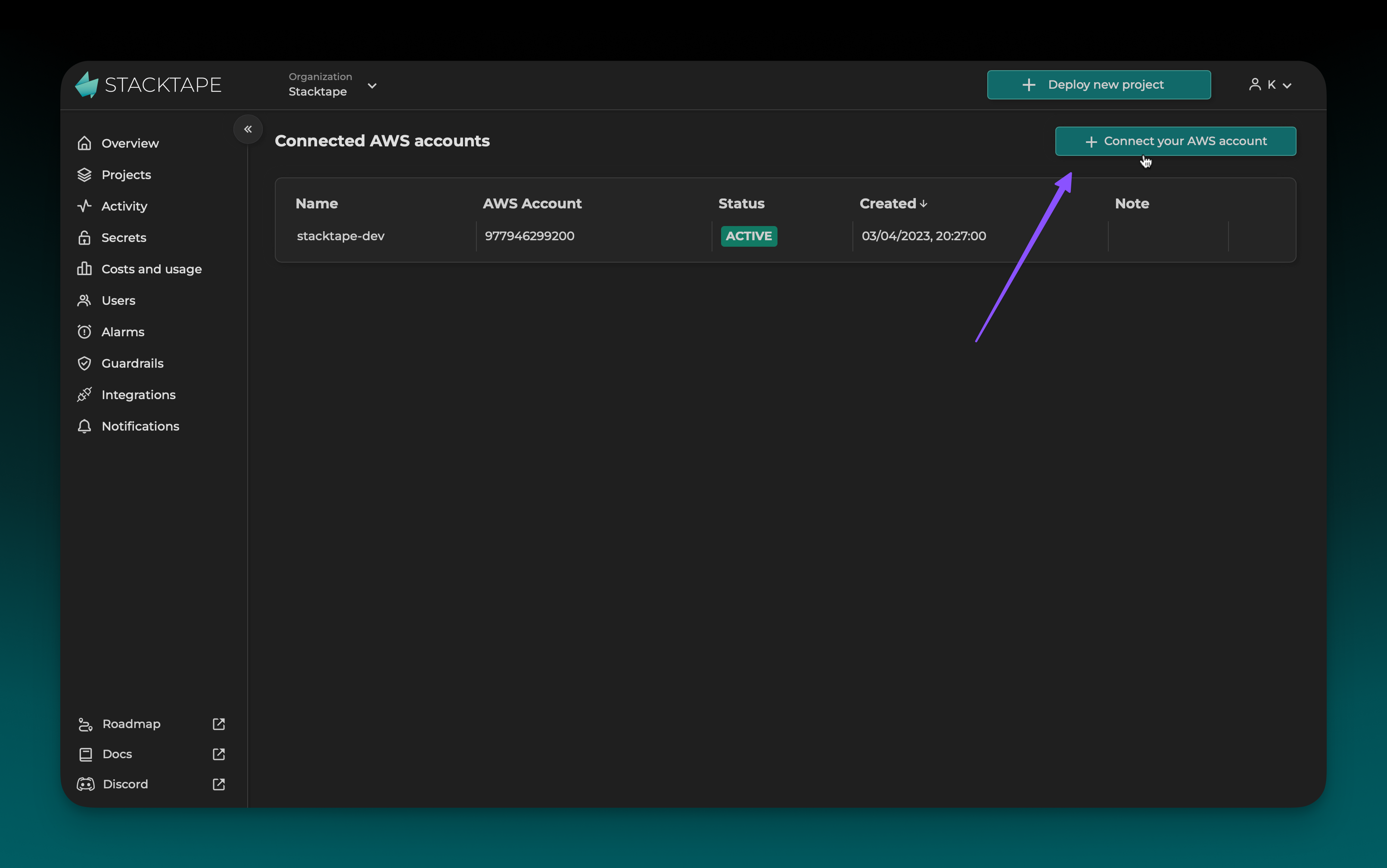 Connect your AWS account - step 1