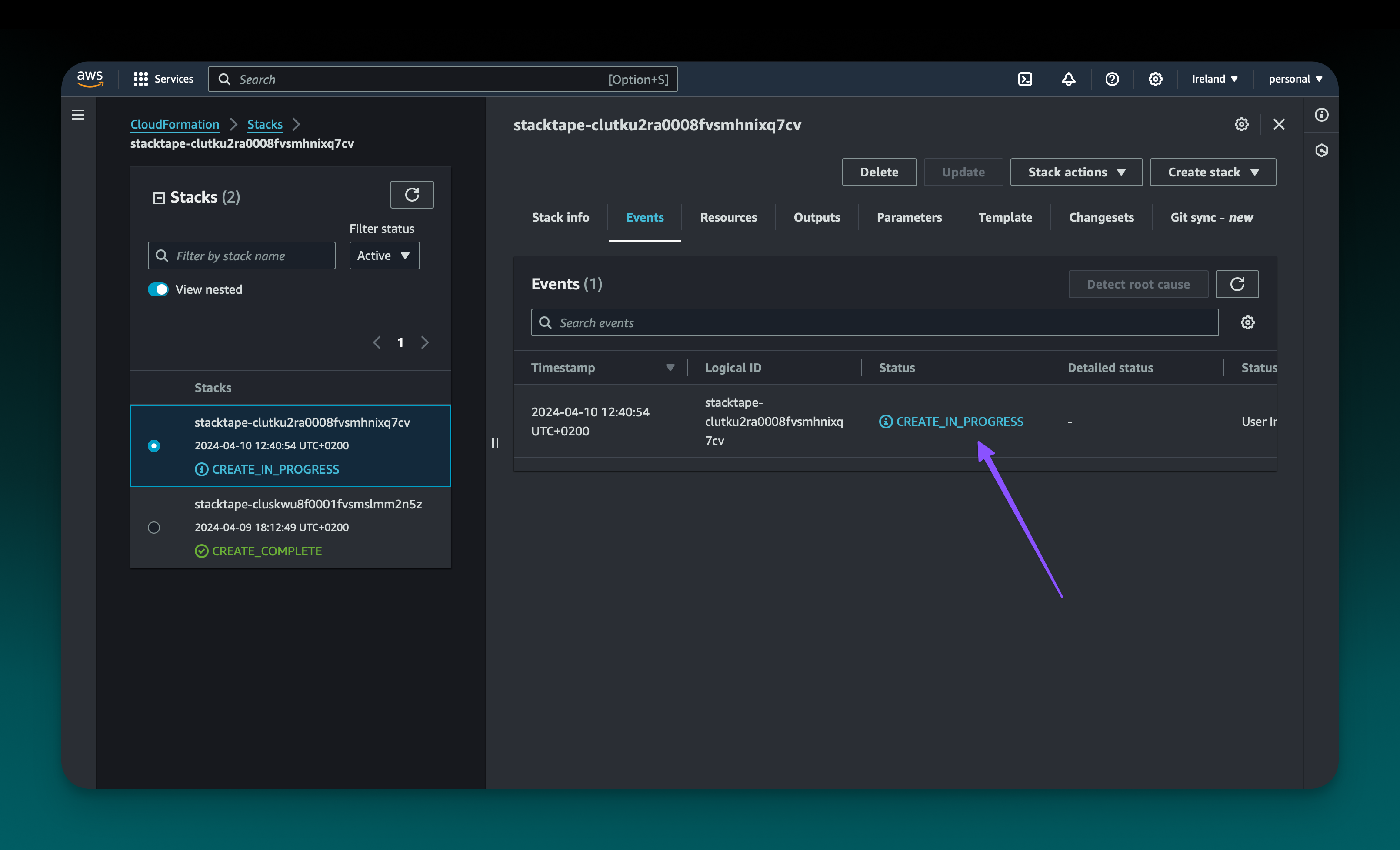 Connection stack creation in progress