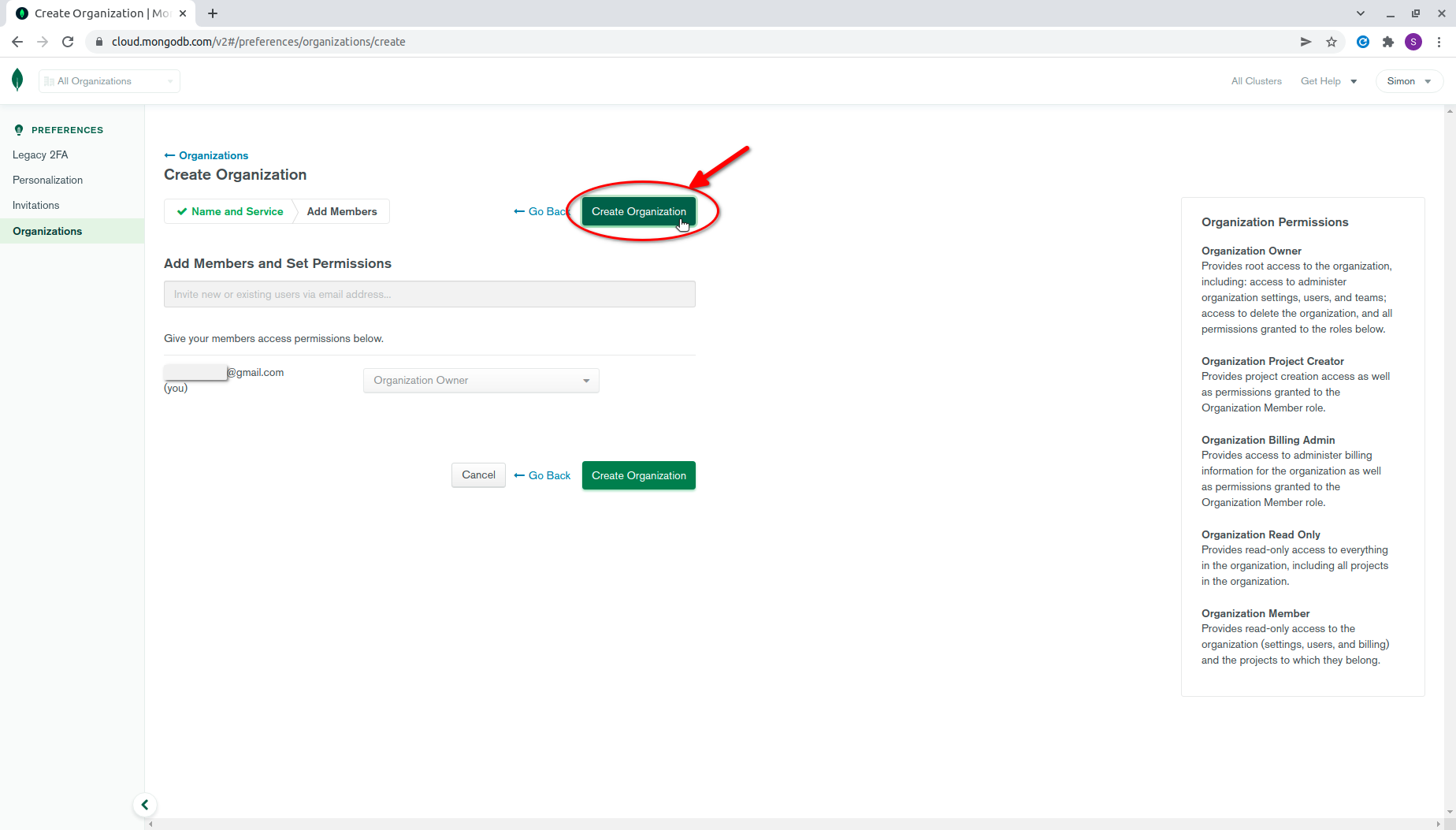 Create organization - step 2